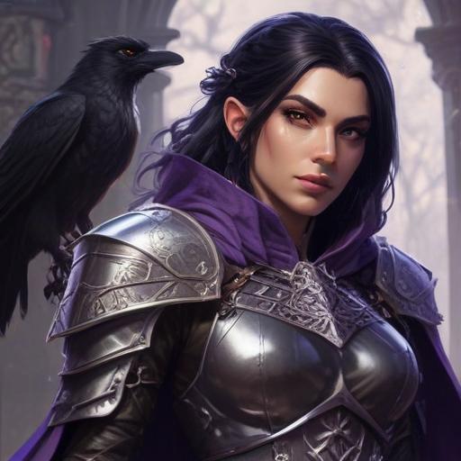 A 5E dnd character who is a half-elf cleric and warlock sworn to the mother of shadows. She wears chainmail, is slightly androgynous, has shoet black hair with purple streaks, and has a shadowy raven familiar.