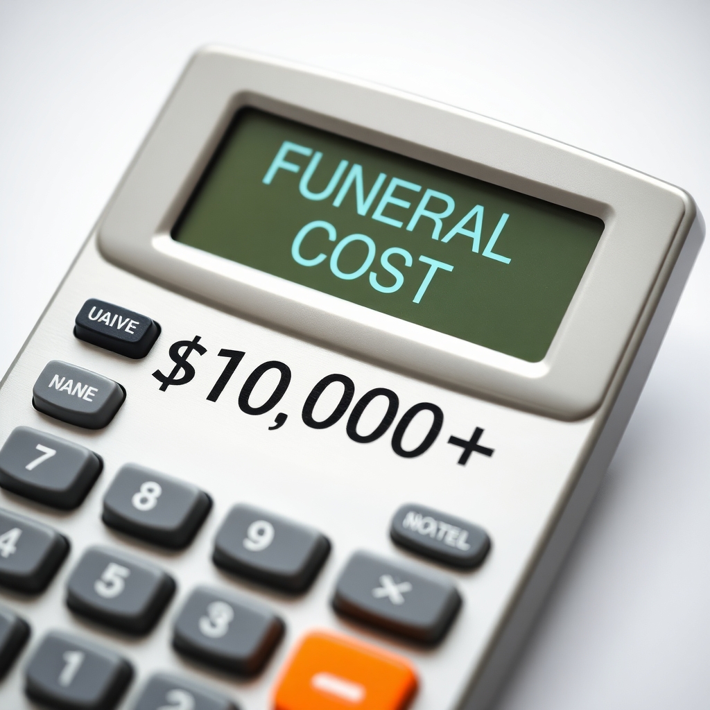 A calculator with "FUNERAL COST: $10,000+" on the screen