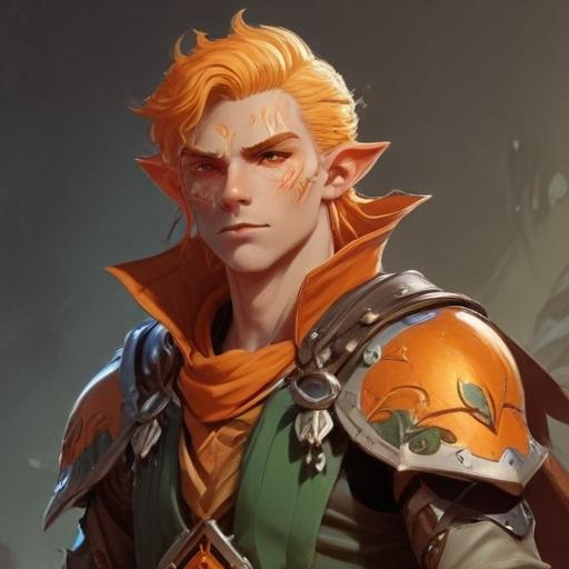 A fifth-edition dungeons and dragons characer who is a young male eladrin druid with orange luminous skin, a low strength.