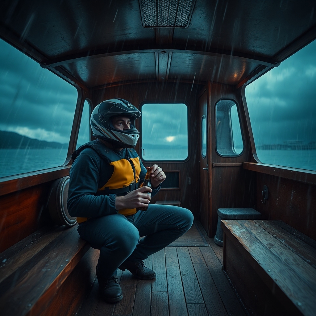 Man taking shelter inside the interior of a docked old houseboat, crouched wearing a motorcycle helmet, life vest and clutching a coors light beer during a severe thunderstorm with torrential rain and strong winds