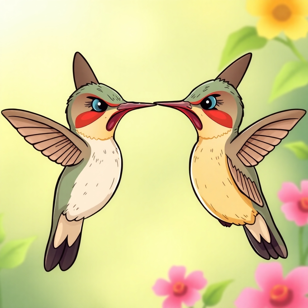 Please create a cartoon drawing of two angry hummingbirds using their beaks like dueling trying to take over another hummingbird's garden for a children's book.