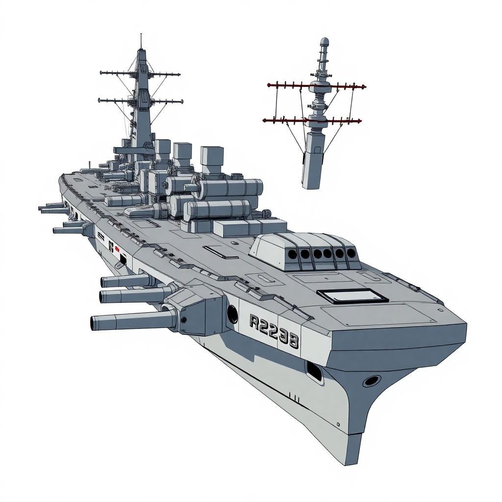 one, robotech style, Soviet, Sci-Fi, Space aircraft carrier, battleship gun turrets, on a white background