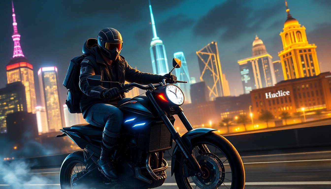 Cyberpunk hero on bike with nightcity in background