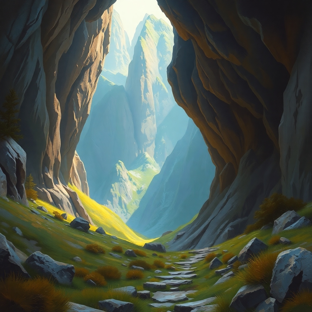 lord of the rings mountainous, cavern, a painting by alan koz, titled shelby, in the style of digital fantasy landscapes, plein air scenes, whistlerian, cryengine, deep focus, mhighly detailed, rich colors