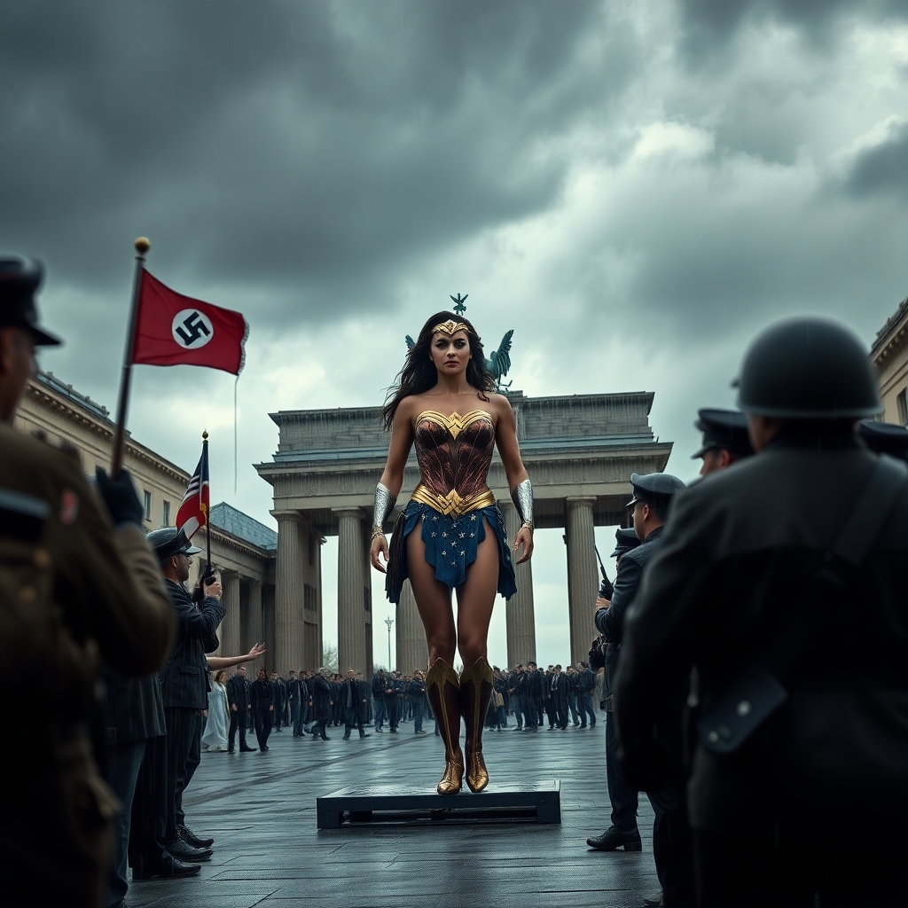 Wonder Woman has been captured by Germany's World War II-era Nazi Government and, in order to attack the morale of its USA enemy, been placed on public display in the capital city, Berlin, just as an afternoon storm--dark, heavy clouds, high winds, and heavy rain--breaks on the scene.