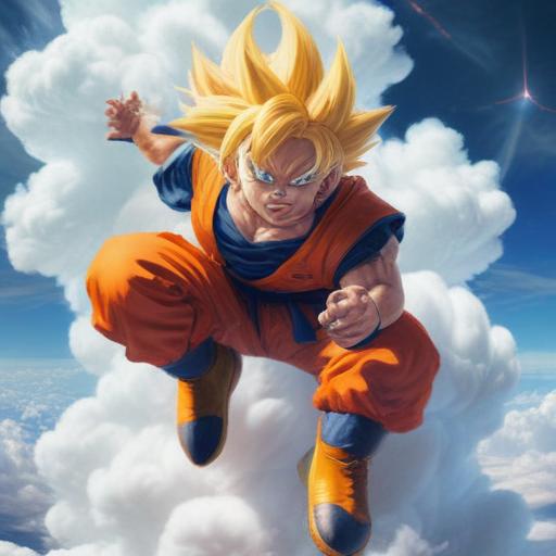 Super Sayan Goku from dragon ball z riding a cloud