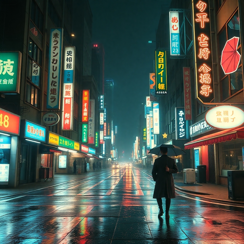 A serene cyberpunk cityscape at night, glowing neon signs in Japanese and English, rain-slick streets reflecting colorful lights, a lone figure in a trench coat walking with an umbrella, cinematic lighting, photorealistic style, ultra-detailed, 4K resolution