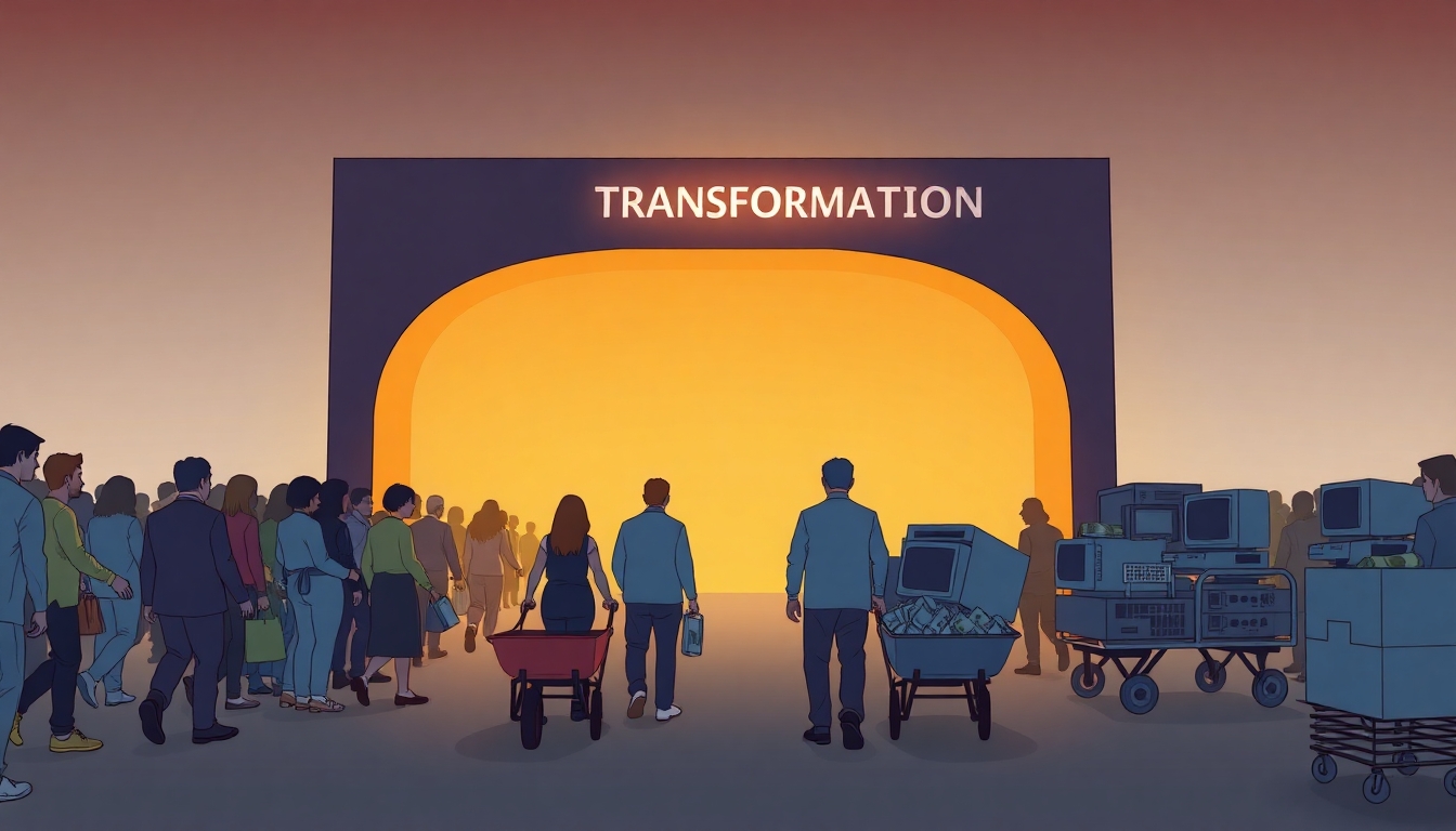 A line of people are approaching a single archway. There are two signs above the archway: Inversion and Transformation. The Inversion sign is lit.  The other side of the arch has two paths. The path on the Inversion side has people walking confidently, pushing wheelbarrows of trophies and cash. The Transformation side has people pulling carts heavily laden with old computer terminals, VCRs, and other no longer used technology. The image size is a ration of 16:9. The style is digital illustration, not photo‑realistic