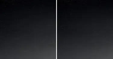 Create a Black and White image showing image scale, resolution, and detail with side-by-side comparison images showing the effect of different image scales: one with a higher scale with a grid with larger squares (pixels) covering a wider area of the night sky and the other with a grid with smaller squares (pixels) covering a smaller area of the sky with no labels