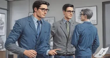 A man is talking with an investment banker in a bank. The man has short black hair combed back, a thin beard, and some gray in both. He is wearing glasses and his clothing is jeans and a blue polo shirt. The banker is a robot in a pin stripe suit.