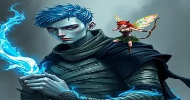 a pale grey skinned Doppelganger with short blue-black hair, black eyes, grey irises, thin lips, no nose. their torso covered in mummy bandages that are etched in multicolor runes. one shoulder draped in a ornate almost black cloak. they are wielding magical energy gripping in one hand an entwining elongated shaft of blue and white light. standing upon his shoulder is a very tiny redheaded female sprite archer with iridescent wings, wearing a corset and skirt made of leaves and vines