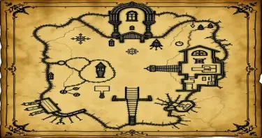 An ancient a weathered map of a gothic estate from the Metzinger family. The map should include secret doors, traps and secrets. The map should appear old, faded and hand drawn in a comic gothic style as if pages of an old journal. The map should be like that of a floor plan of the first floor of the mansion of estate.