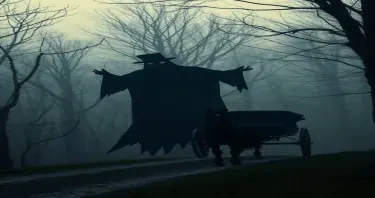 A dark ghost with a top hat on the edge of a wood at dusk scaring a horse drawn carriage
