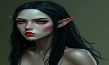A pale-skinned female elf with red lips and black hair. She has been cursed with undeath and hungers for love