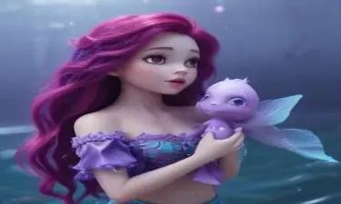A little mermaid with purple skin and holding a melody doll