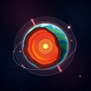 A detailed modern flat vector illustration, editorial illustration style, showing the physical mechanism of Earth’s magnetic field and the geodynamo in a full scene environment. The main focus is a cutaway view of planet Earth placed within a cosmic setting, where the internal layers are clearly visible, including the solid inner core and the flowing molten outer core. Inside the outer core, glowing liquid metal flows in circular motion, forming dynamic convection currents and spiral patterns that visually represent the geodynamo process. Surrounding the Earth, magnetic field lines curve smoothly from pole to pole, extending outward into space, interacting with solar particles and forming a protective magnetosphere. Subtle visual elements such as charged particles being deflected, aurora-like light effects near the poles, and flowing energy lines emphasize the invisible but active magnetic system. The environment is a complete cosmic scene with a deep space background, including a gradient sky filled with stars, distant nebula-like color transitions, and a soft glow around the planet. The space environment must feel continuous and fully integrated, not empty, with layered depth and atmospheric effects. Style uses smooth shapes, soft gradients, slight depth, and clean editorial design. The color palette includes deep blues, purples, and blacks for space, contrasted with bright orange and yellow tones for the molten core, and soft glowing cyan or green for magnetic field lines. High detail, crisp edges, and balanced composition. CRITICAL: full scene composition with a complete environment. The background must be part of the scene with clearly visible environment elements such as space, stars, and atmospheric depth. The image must be fully filled edge-to-edge. Absolutely no white background anywhere in the image. No blank or empty areas. No isolated objects. No floating composition. No transparent background. The background is not a studio backdrop, it is a real environment.