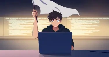 A Software-Developer sitting in front of his laptop. The laptop display shows code lines on it. The developer is raising a white flag above his head..