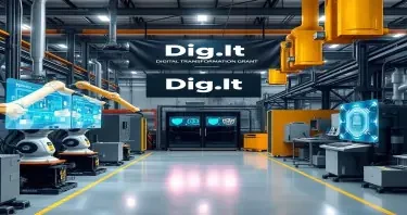 A modern industrial factory being digitally transformed: robotic arms working alongside humans, holographic interface panels showing machine learning data, digital documents flowing between machines as glowing data streams, cybersecurity shields protecting a smart control center. The scene includes elements of automation, AI, and digital connectivity. A banner in the background reads "Dig.It – Digital Transformation Grant". The environment is sleek, clean, and high-tech, blending classic industrial machinery with futuristic digital overlays. No text - just Dig.It
