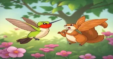 Please create a cartoon drawing of an angry hummingbirds chasing away a squirrel from his garden for a children's book.