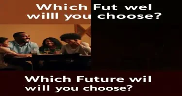 A split-image concept of a black family: On the left, a family laughing at a dinner table (happy, secure). On the right, a dimly lit, empty chair at the same table (symbolizing loss). Overlay text: "Which Future will you choose?