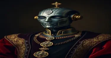 Robot with humanoid facial features made of intricate brass and steel, wearing ornate royal robes, velvet and gold embroidery, noble pose, dark moody background, 1600s European portrait lighting. Renaissance oil painting portrait style