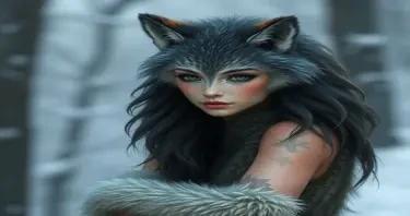 Woman with fur and some features of a wolf, legs of a wolf, her face has a wolves snout and whiskers, she has perky wolf ears, her body is shaped like a human, but covered in wolves fur, her legs are a wolves legs. Her arms are human arms, covered in fur