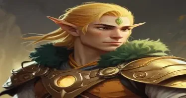 A fifth-edition dungeons and dragons characer who is a young male eladrin druid with golden luminous skin, a low strength.