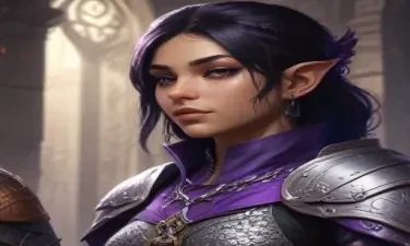 A 5E dnd character who is a half-elf cleric and warlock sworn to the mother of shadows. She wears chain mail, is slightly androgynous, has shoet black hair with purple streaks, and has a shadowy raven familiar.