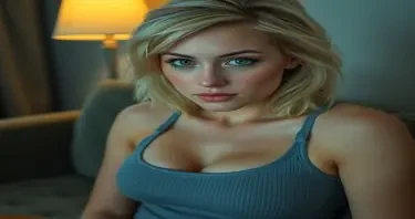 close-up portrait of the same blonde woman from the reference images, with identical facial features and hair color,  sitting on a couch in a dimly lit room, wearing a fitted grey ribbed bralette, very large bust fully covered,  tousled blonde hair over one shoulder, green eyes softly squinting and aligned with the camera, perfectly symmetrical eyes,  natural eyelids, no artifacts or distortions inside eyes, no reflections,  bare face with no makeup, matte skin, visible pores, slight imperfections,  soft warm lamp light from the side, photographic camera-focused shot from shoulders up, realistic and natural mood,  strictly matches reference identity, no visual deviation