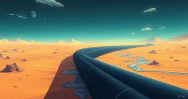 A big pipeline running through the desert with several leaks where binary data leaks out, the leaks are fixed with wound dressing and plasters