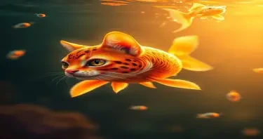 create an image of a goldfish that has the head of a cat swimming underwater