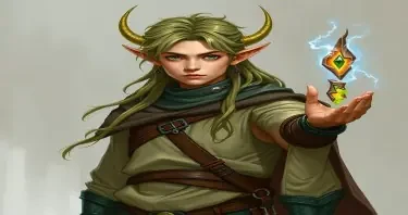 A fifth-edition dungeons and dragons characer who is a young male eladrin druid with a low strength.