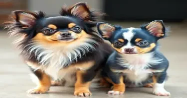 Two cute chihuahuas. Female is long haired. Black tan and white tri colour. And the male is short haired blue tri coloured.