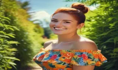 photograph of a woman, auburn hair in a bun, happily smiling at the viewer, wearing a colorful off the shoulder dress, surrounded by foliage on a bright sunny day . High dynamic range, vivid, rich details, clear shadows and highlights, realistic, intense, enhanced contrast, extremely intricate details