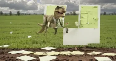 A T-Rex wearing a tie on the left of view. The T-Rex is looking across a large field of green. Randomly across the green fields are index cards on sticks sticking out of the ground, and one white board with several sticky notes on it.