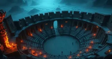 Ancient amphitheatre filled with vampires, torches, high walls, view from above, surrounded by a frozen wasteland
