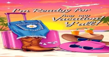 fun and colorful vacation poster in a retro-meets-Western style. A pair of frayed denim Daisy Dukes with rhinestone studs and a daisy flower on the pocket is draped over a cowgirl boot resting beside a pink rolling suitcase. The background features a sunset beach scene with palm trees, sparkles in the sky, and an airplane leaving a heart-shaped smoke trail. Nearby, a wide-brimmed cowgirl hat rests on a beach towel, next to a coconut drink and cat-eye sunglasses. Text in glittery retro lettering says: ‘I’m Ready for My Vacation, Y’all!’. The color palette includes soft pinks, golden oranges, denim blue, and hints of turquoise. Style is playful, feminine, and perfect for a southern summer escape.