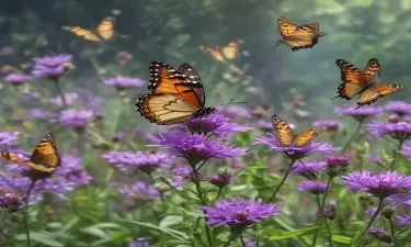 a photograph of butterflies flying around purple flowers, uhd, 4k