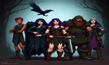 A five member dungeons and dragons adventuring party consisting of: A red-skinned thin male elven bard, an adrogynous female half-elf cleric/warlock with a shadow raven familiar,  a curvy female half-elf warlock with purple hair, a short and wide male dwarven ranger, and a very tall male half-giant barbarian/paladin.
