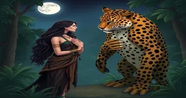 A mysterious beautiful female Druid wearing an animal skin standing side to the camera facing a powerful humanoid leopard man. Her hand is resting on his chest. They are in a jungle clearing on a moonlit night.