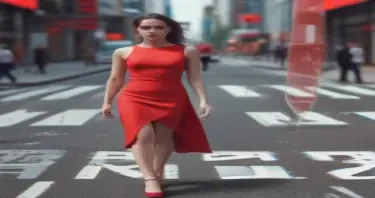 A young woman walking through a busy modern city street, wearing a vivid red dress. Her body shows heavy digital glitch effects and incomplete rendering — patches of her skin are missing, replaced with transparent or pixelated wireframes. Visible text overlays on her torso say: "MODEL FILE CORRUPTED: female_human_asset_A" and "TEXTURE LOAD FAILED: /skin/flesh01.jpg". Her expression is distant, subtly melancholic, as she stands out from the crowd like a broken simulation. Emphasize surreal photorealism, cinematic lighting, high detail. Urban background sharp but slightly motion blurred.