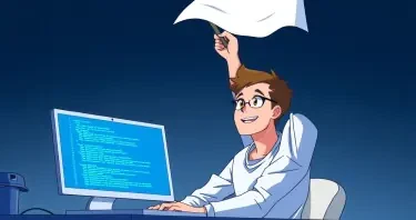 A Software-Developer sitting in front of his laptop. The laptop display shows code lines on it. The developer is raising a white flag above his head..