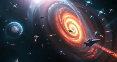 3 galaxies coliding slowly with millions of spacecraft wizzing around with different aliens all shooting at each other