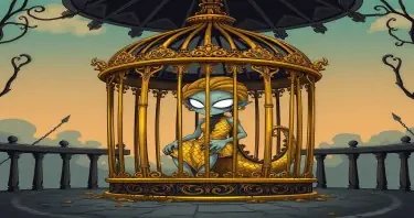 inside a half-standing pavilion. A once-beautiful noblewoman—now mutated with golden scales and blind white eyes—sits in a gilded cage that seems untouched by decay. Art style should be cartoonish and gothic.