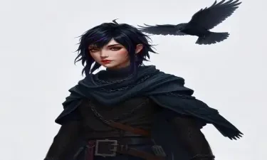 A 5E dnd character who is a half-elf cleric and warlock sworn to the mother of shadows. She wears chain mail, is slightly androgynous, has shoet black hair with purple streaks, and has a shadowy raven familiar.