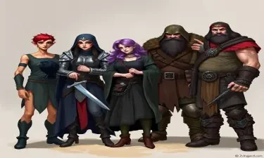 A five member dungeons and dragons adventuring party consisting of: A red-skinned thin male elven bard, an adrogynous female half-elf cleric/warlock wearing chainmail with a shadow raven familiar,  a curvy female half-elf warlock with purple hair wearing robes, a short but wide male dwarven ranger, and a very tall male half-giant barbarian/paladin.