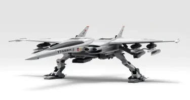 Chinese, Chengdu J-20 style, laterally symmetrical, Macross Valkyrie, Gerwalk Mode, with arms & GU-11 Gun Pod,on a white background