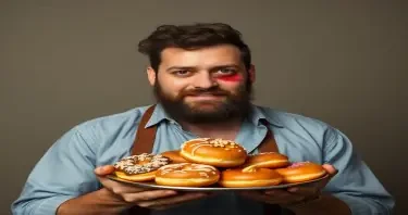 man with a cannonball wound holding a plate of donuts