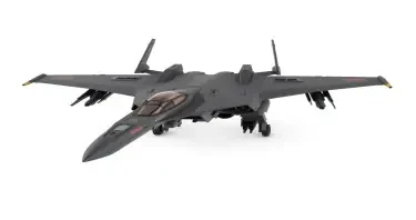 Chinese, Chengdu J-20 style, laterally symmetrical, Macross Valkyrie, Gerwalk Mode, with arms & GU-11 Gun Pod,on a white background