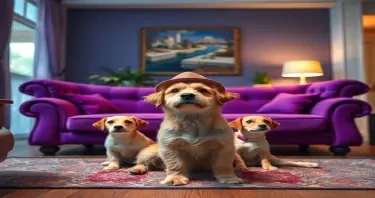 Studio Ghibli style, candid shot, famous randomly purple couch and randomly finished with randomly dogs, center point for a dog wearing a hat, Use camera is Canon EOS 5D Mark IV with a Canon EF 24mm f/1. 4L II USM lens, set at aperture f/2. 8 for a depth of field that highlights the furniture clean lines with rich and many detail, randomly color and finished, soft ambient light, studio light setting, ultra realistic, UHD, many details